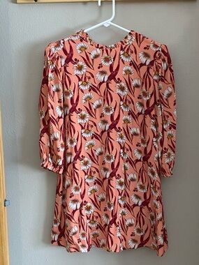 Retro Peach Floral Swing Hippie Boho Dress with Puff Sleeves Size Medium